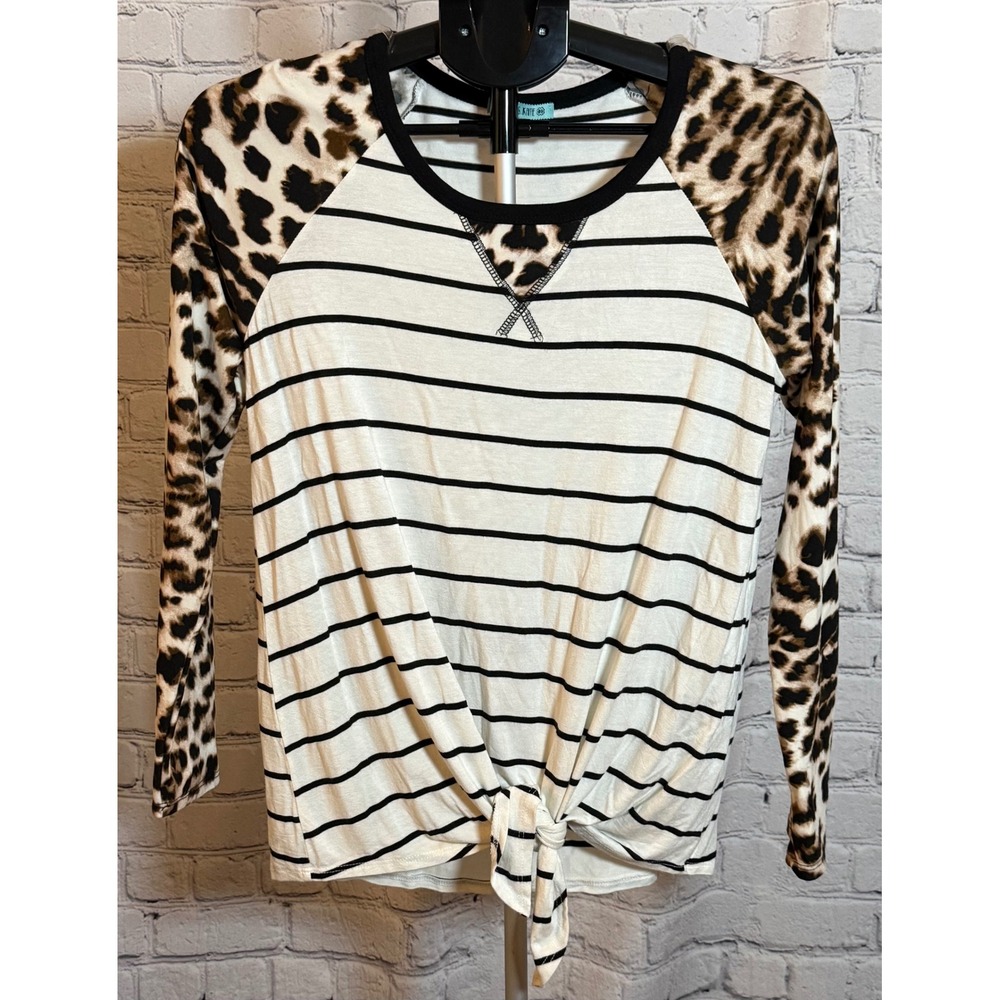 P.S. Kate Womens Leopard Stripe Raglan Long Sleeve Tie Front Top Medium